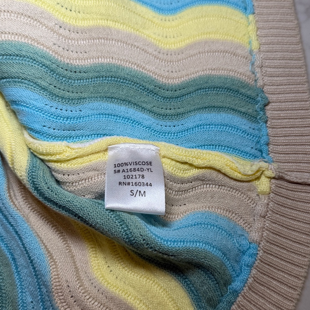 yllw Blue Yellow Wavy Pointelle Knit Button Down Polo Mini Dress Cardigan S/M - Picture 10 of 10